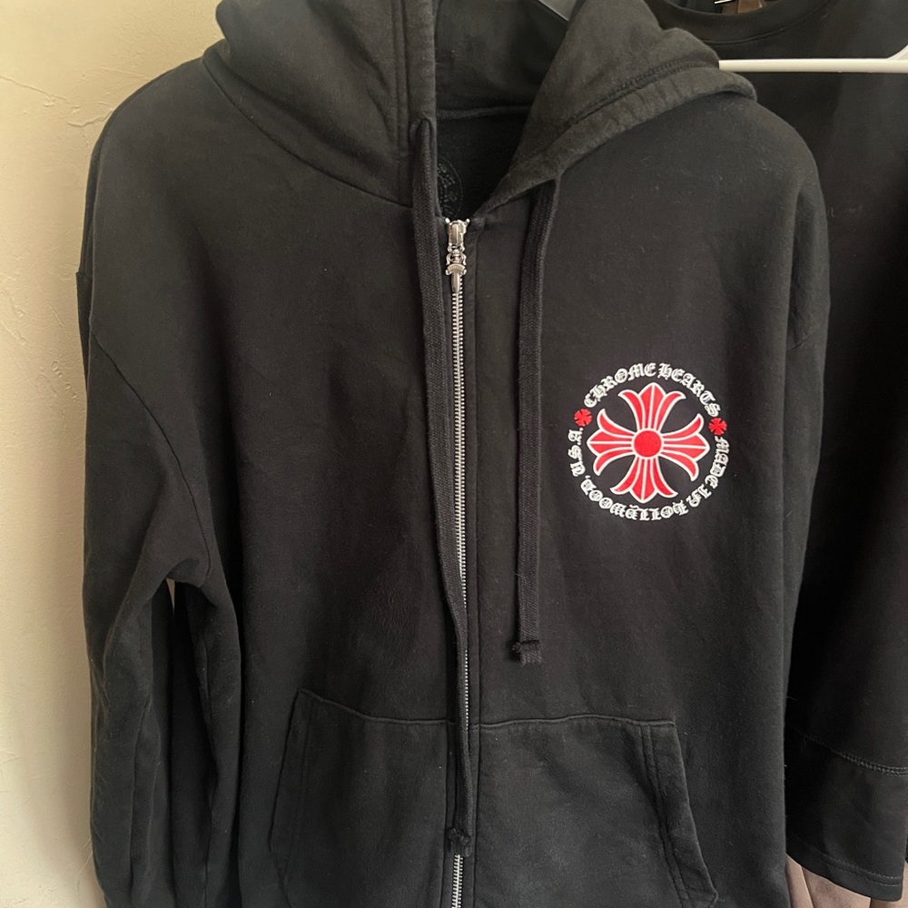 Chrome Hearts Black Zip Up Sweater with Red Logo